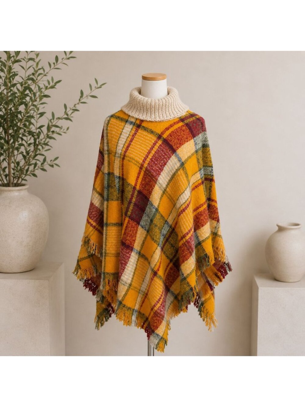 Ruggine Womens Plaid Poncho Cape One Size Marigold Retro Cowl Neck Fringe Aspen